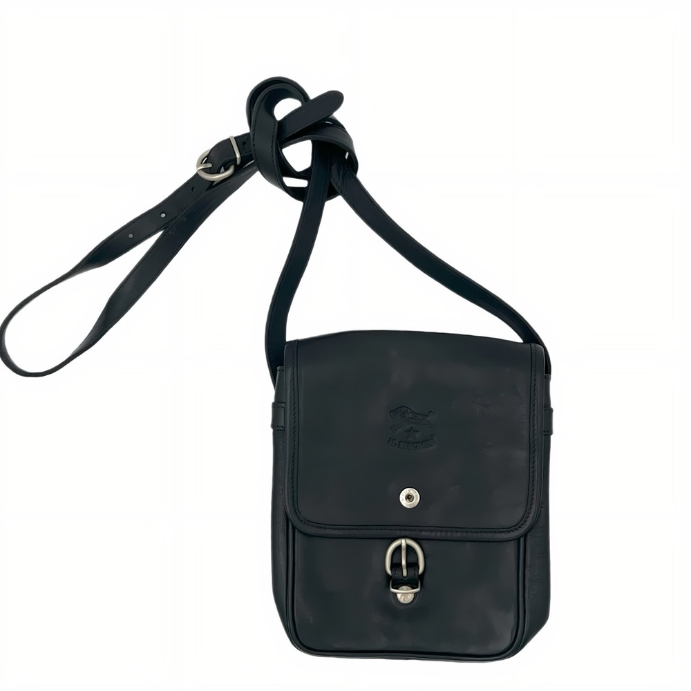Vintage IL BISONTE Black Leather Crossbody Bag Messenger Saddle Small Italy 90s